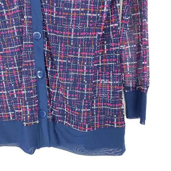 Chico’s Women's Size 0 US S Tweed Mesh Cardigan Sweater Long Sleeve Navy/Pink - Picture 6 of 8